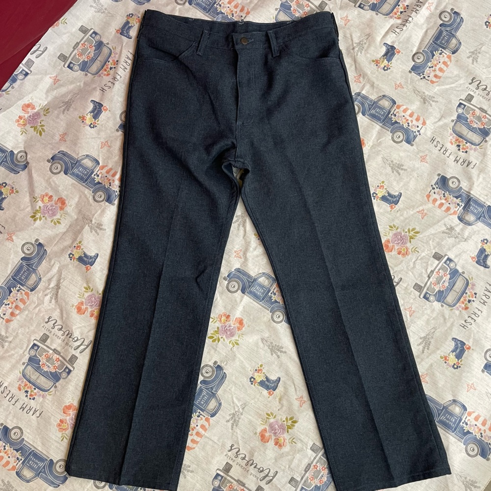 Vintage 1970s Wrangler Slacks Blue Straight Leg Pants Made in USA Size 36x30
